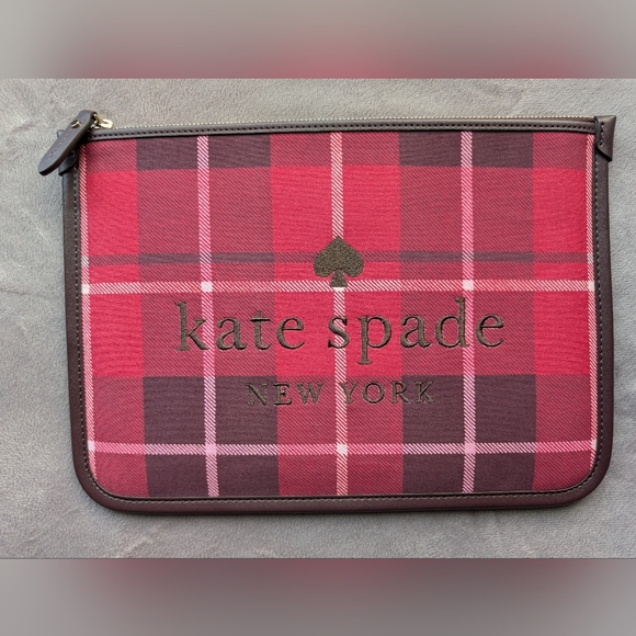 NWT Authentic Kate Spade Hand Made Red Plaid Clutch With Leather Trim